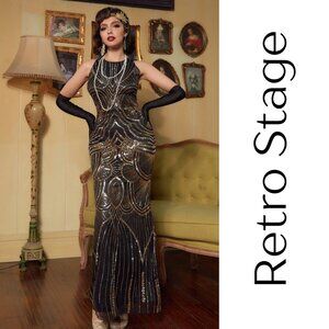Retro Stage Black & Gold Sequin Art Deco Gown | Open Back Formal Dress